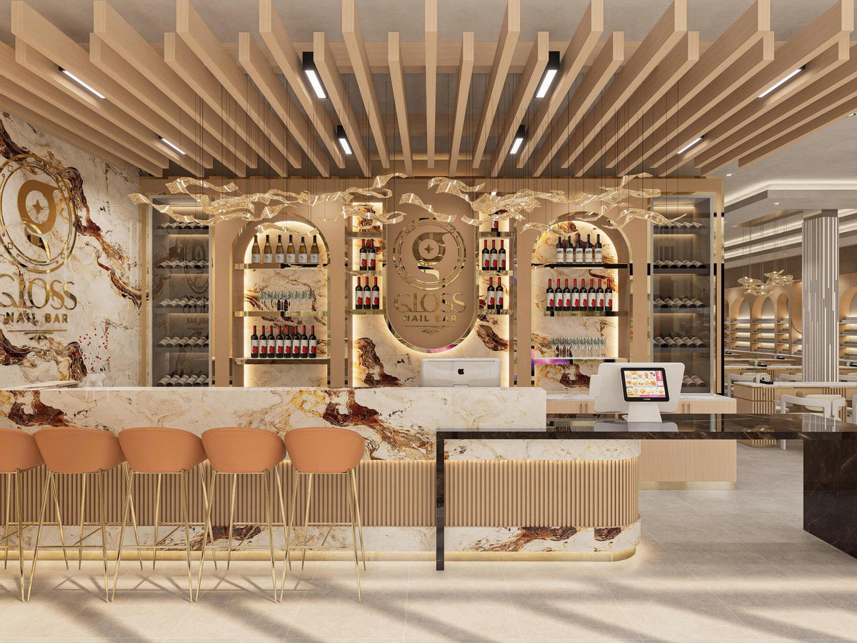 3D concept: salon reception and polish bar with terracotta bar stools and a veined stone wall