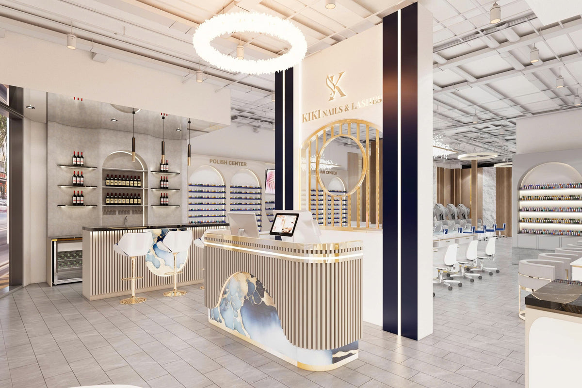 3D concept: white and navy nail bar with gold detailing