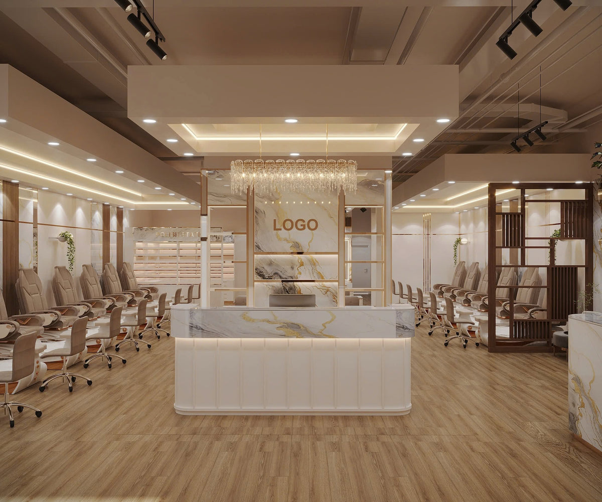 3D concept: natural wood and botanical salon over timber flooring
