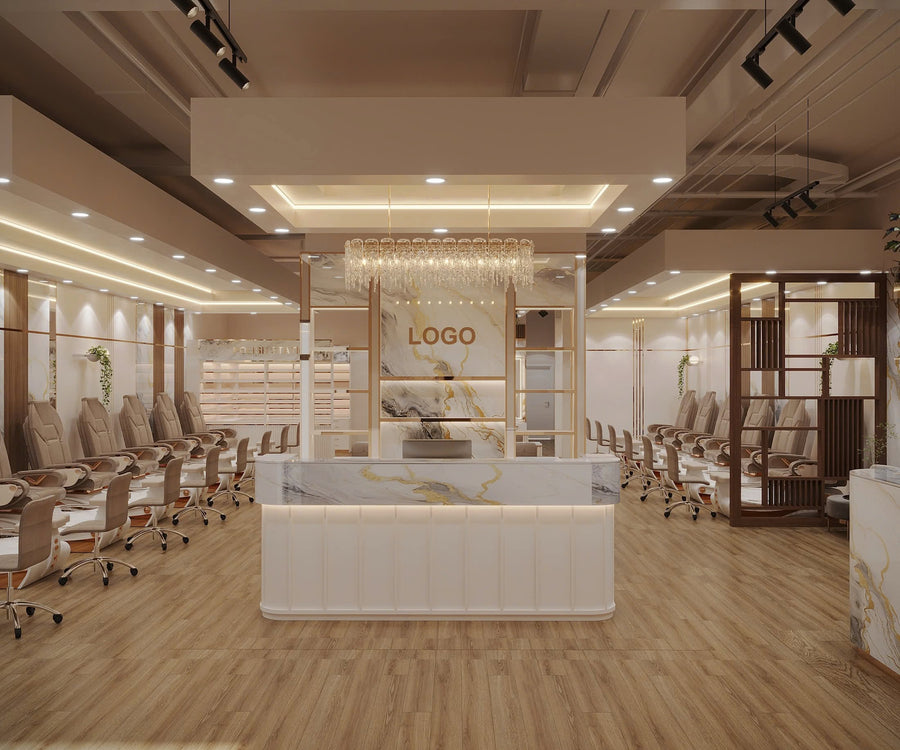 3D concept: reception and pedicure area over timber flooring with a blank logo sign