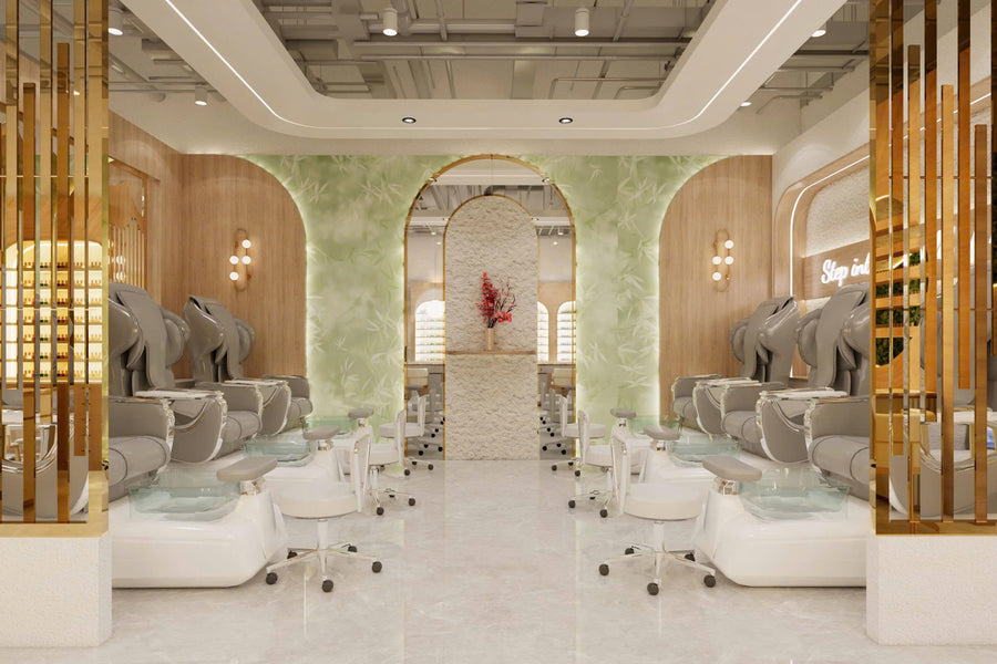 3D concept: pedicure area with sage green stone walls and gold slat screens