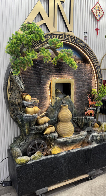 The five-foot feng shui waterfall fountain running on display in the ATN Decor showroom in Garden Grove, California